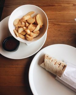 High angle view of food in plate on table