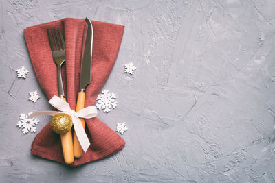 High angle view of gift box on table