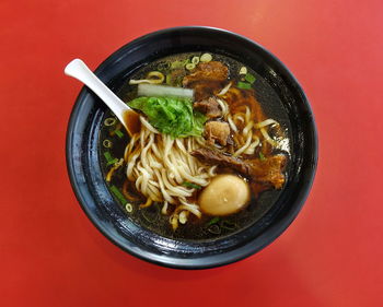 High angle view of soup in bowl