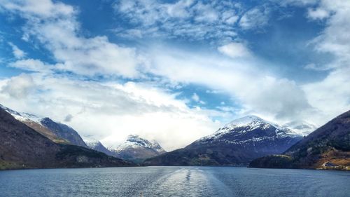 Scenic view of lake and snowcapped mountains against sky