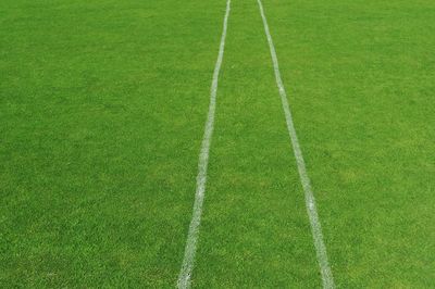 High angle view of white lines on grassy field