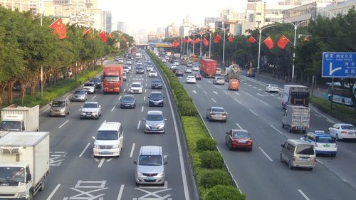 High angle view of traffic on road in city