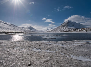 Scenic view of snowcapped mountains against sky