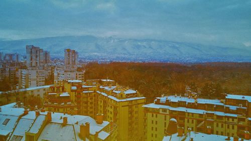 High angle view of city during winter