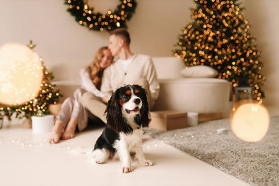A couple in love and their pet dog play have fun and spend christmas holidays together in cozy house