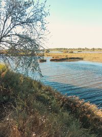 Scenic view of lake against clear sky