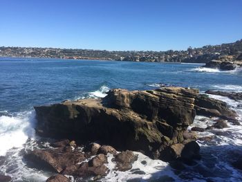 Scenic view of sea against clear blue sky