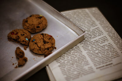 High angle view of cookies in plate