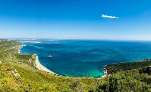 High angle view of sea against blue sky