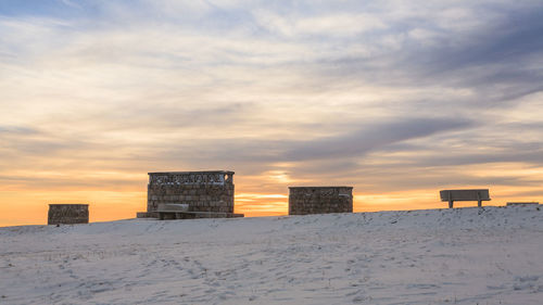 Scenic view of snow field against sky during sunset