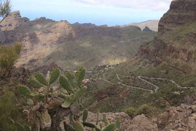 High angle view of landscape and mountains against sky