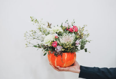 Diy autumn flower arrangement bouquet in pumpkin on whiye background, florist at work