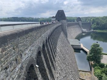 High angle view of dam by river against sky