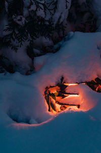 Close-up of bonfire on snow covered landscape
