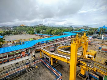 High angle view of commercial dock against sky