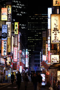 People walking in illuminated city at night