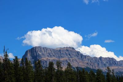 Low angle view of mountain range against blue sky