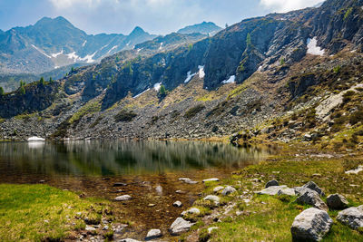 Scenic view of lake by mountains against sky