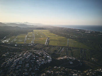 High angle view of land against sky