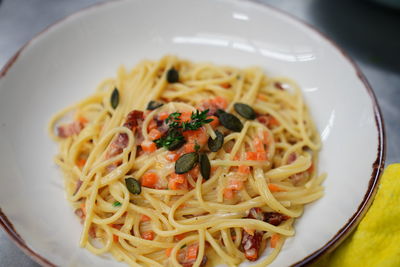 High angle view of noodles served in plate