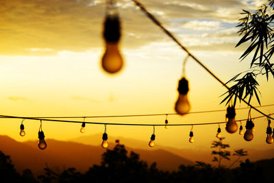 Close-up of light bulbs hanging against sky during sunset