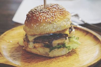 Close-up of burger in plate on table