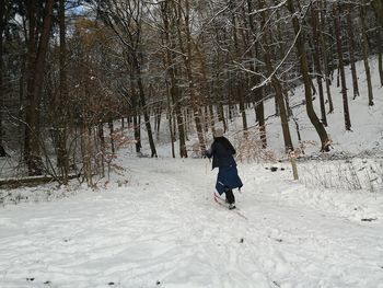 Rear view of man walking on snow covered land