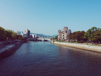 River by cityscape against clear sky