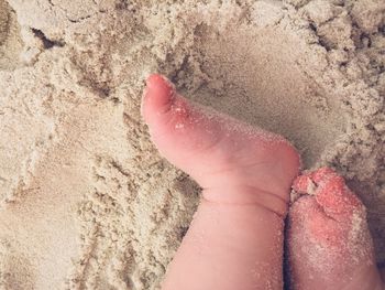 Low section of baby on sand at beach