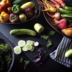 High angle view of various vegetables on kitchen counter