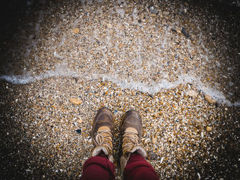 Low section of man wearing shoes standing on shore at beach