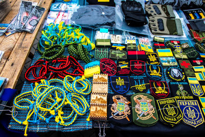 High angle view of colorful fabrics