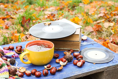 High angle view of breakfast on table