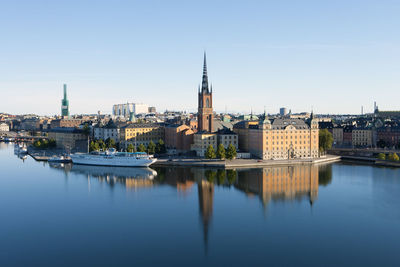 Buildings in city against clear sky
