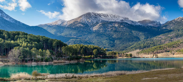 Scenic view of lake and mountains against sky