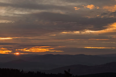 Mountains on during sunset. silesian beskid poland.