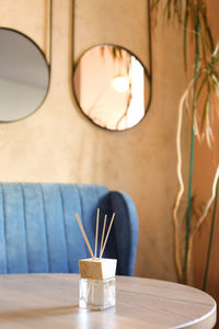 Glass container on table