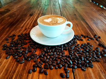 High angle view of coffee cup on table