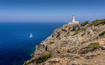 Scenic view of sea and buildings against clear sky