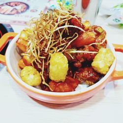 High angle view of food served in plate