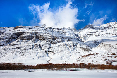 Scenic view of snow covered mountains against sky