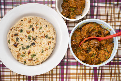 High angle view of meal served on table