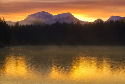 Scenic view of lake against orange sky