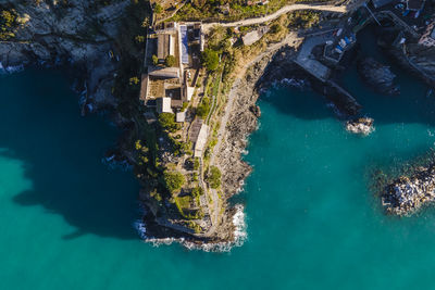 Aerial view of cinque terre coastline at sunset, cinque terre, liguria, italy.