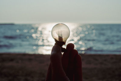 Midsection of woman holding seashell at beach