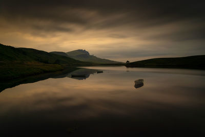 Scenic view of lake against sky at sunset