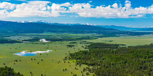High angle view of field against sky