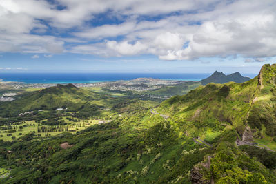 Scenic view of landscape and sea against sky