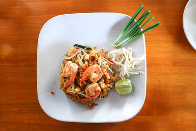 High angle view of food in plate on table