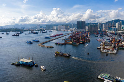 High angle view of harbor in city